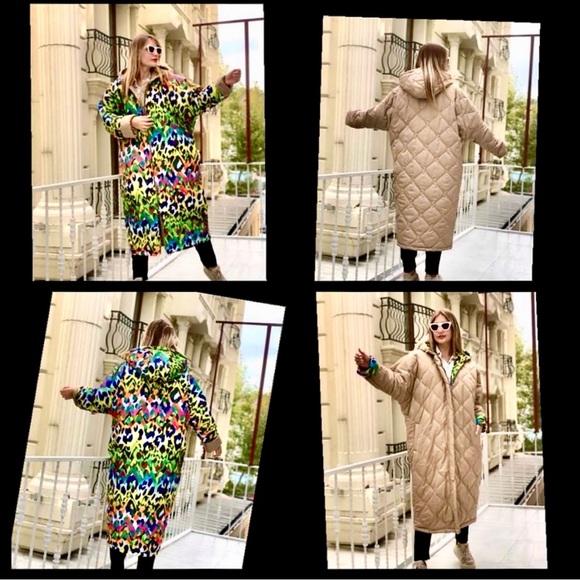 NEW double-sided OVERSIZED leopard print gold beige quilted hooded coat - Picture 1 of 15